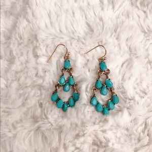 Teal and gold dangling earrings Tear/Rain Drop